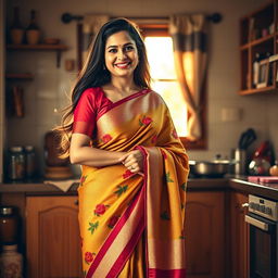 An elegant housewife wearing a traditional saree, showcasing a vibrant pattern and beautiful draping