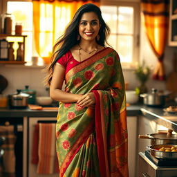 An elegant housewife wearing a traditional saree, showcasing a vibrant pattern and beautiful draping