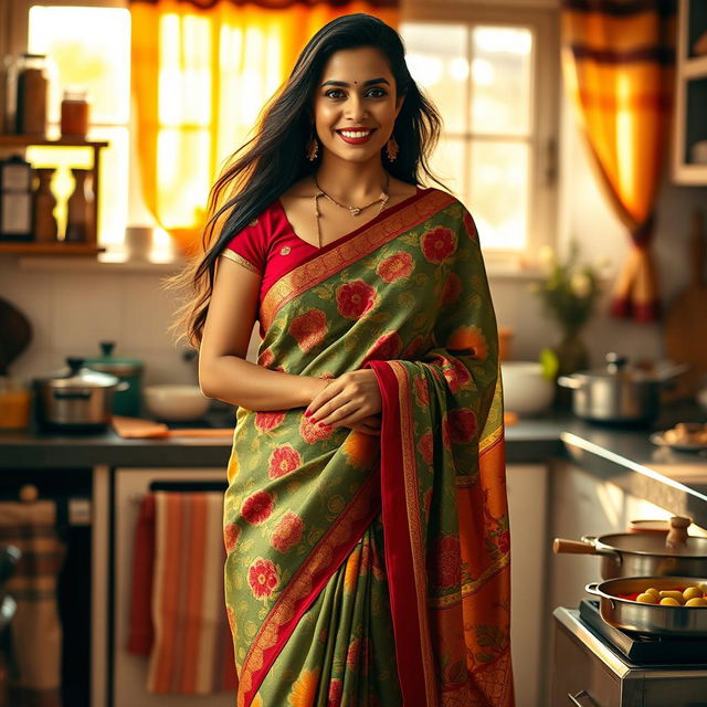 An elegant housewife wearing a traditional saree, showcasing a vibrant pattern and beautiful draping