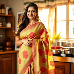 An elegant housewife wearing a traditional saree, showcasing a vibrant pattern and beautiful draping