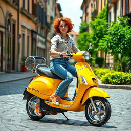 A young woman with short curly orange hair, wearing a casual shirt and long jeans, rides a bright yellow Vespa motorcycle
