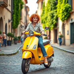 A young woman with short curly orange hair, wearing a casual shirt and long jeans, rides a bright yellow Vespa motorcycle