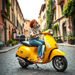 A young woman with short curly orange hair, wearing a casual shirt and long jeans, rides a bright yellow Vespa motorcycle