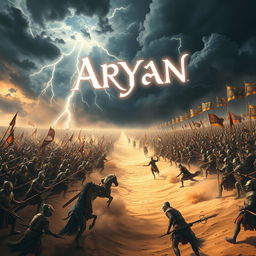 A dramatic scene illustrating two grand ancient armies engaged in fierce battle in a vast desert