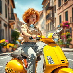 A girl with short curly orange hair, wearing orange All-Star shoes, riding a bright yellow Vespa motorcycle