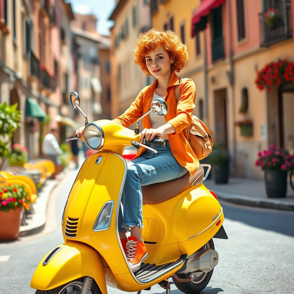 A girl with short curly orange hair, wearing orange All-Star shoes, riding a bright yellow Vespa motorcycle