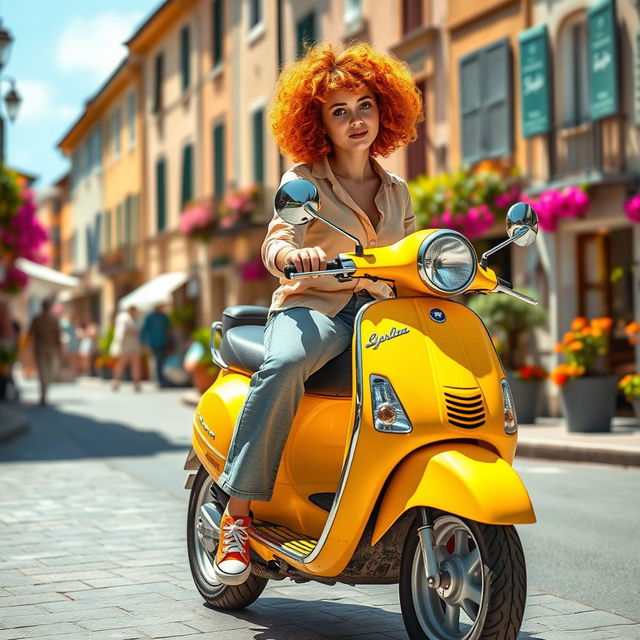 A girl with short curly orange hair, wearing orange All-Star shoes, riding a bright yellow Vespa motorcycle