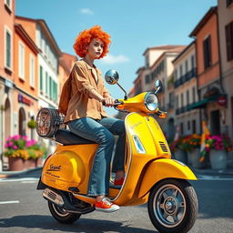 A girl with short curly orange hair, wearing orange All-Star shoes, riding a bright yellow Vespa motorcycle