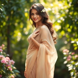 A beautiful woman elegantly draped in a sheer, nude saree that beautifully highlights her curves