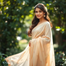A beautiful woman elegantly draped in a sheer, nude saree that beautifully highlights her curves