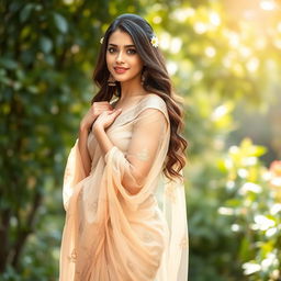 A beautiful woman elegantly draped in a sheer, nude saree that beautifully highlights her curves
