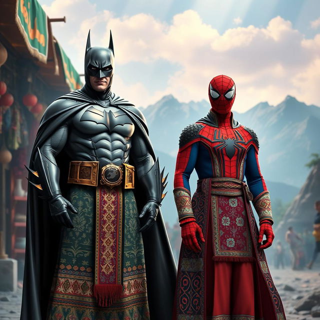 A unique interpretation of Batman wearing traditional Iranian clothing, featuring intricate Persian patterns and vibrant colors, standing confidently in a heroic pose