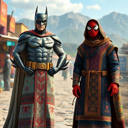 A unique interpretation of Batman wearing traditional Iranian clothing, featuring intricate Persian patterns and vibrant colors, standing confidently in a heroic pose