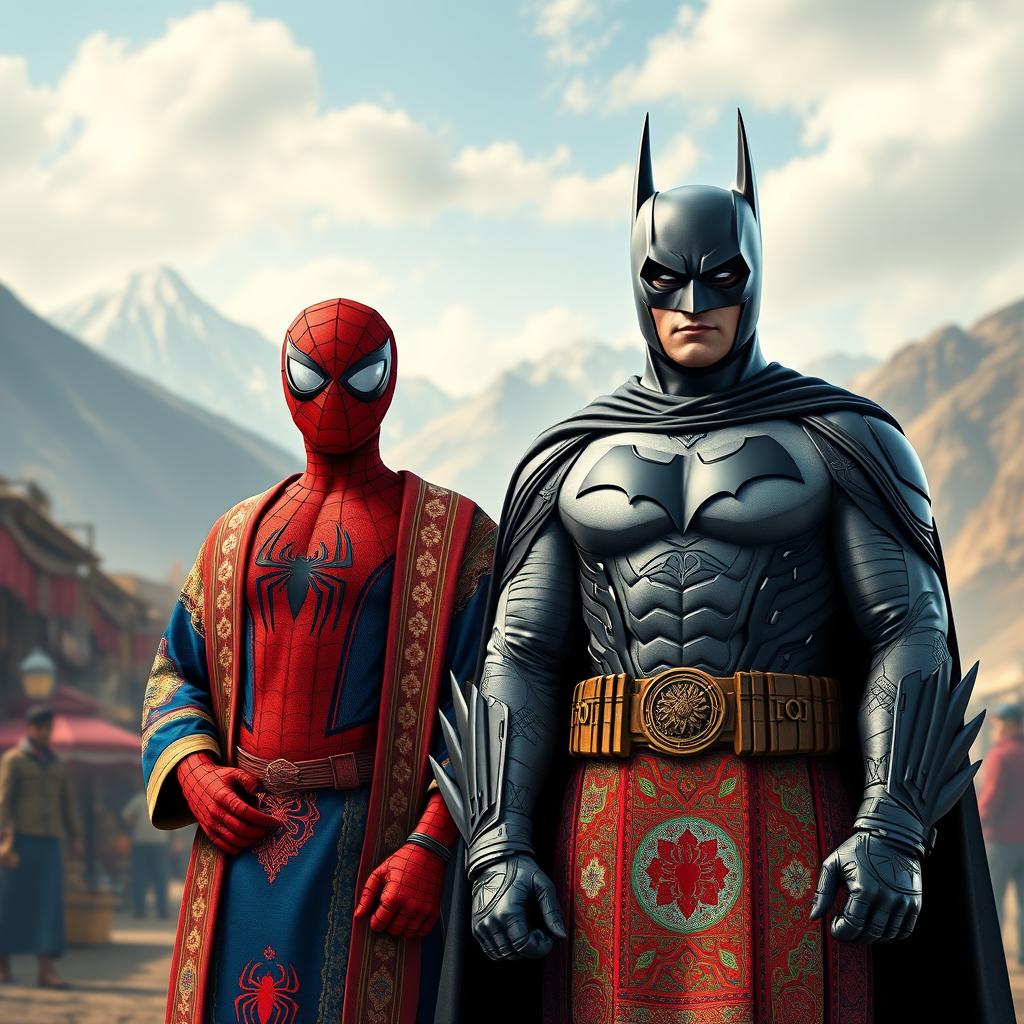 A unique interpretation of Batman wearing traditional Iranian clothing, featuring intricate Persian patterns and vibrant colors, standing confidently in a heroic pose