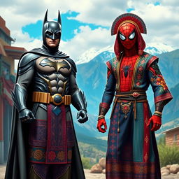 A unique interpretation of Batman wearing traditional Iranian clothing, featuring intricate Persian patterns and vibrant colors, standing confidently in a heroic pose