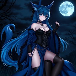 A captivating gothic anime girl witch Kitsune set against a night backdrop, featuring long, sexy blue hair that flows down to her lower back, partially styled in a bun