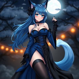 A captivating gothic anime girl witch Kitsune set against a night backdrop, featuring long, sexy blue hair that flows down to her lower back, partially styled in a bun