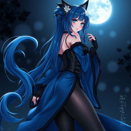 A captivating gothic anime girl witch Kitsune set against a night backdrop, featuring long, sexy blue hair that flows down to her lower back, partially styled in a bun