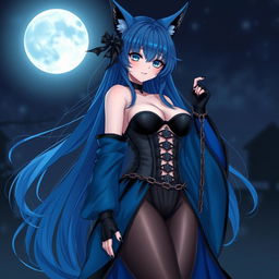 A captivating gothic anime girl witch Kitsune set against a night backdrop, featuring long, sexy blue hair that flows down to her lower back, partially styled in a bun