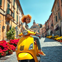 A girl with short curly orange hair, wearing stylish orange All-Star shoes, riding a vibrant yellow Vespa motorcycle