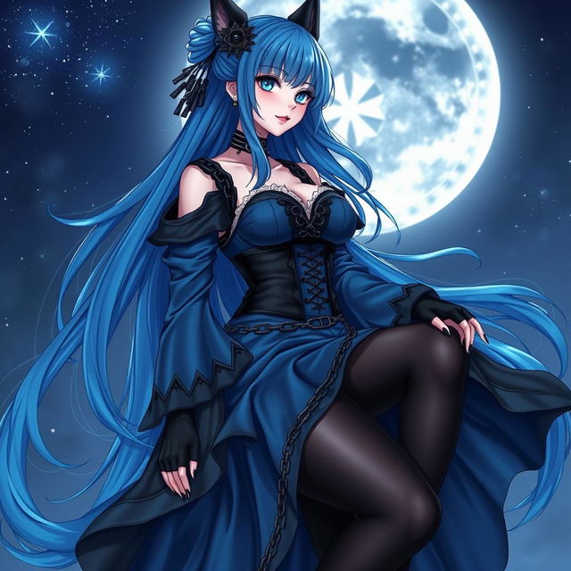 An enchanting gothic anime girl witch Kitsune, showcasing long, sexy blue hair cascading to her lower back, styled partially in a bun