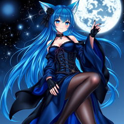 An enchanting gothic anime girl witch Kitsune, showcasing long, sexy blue hair cascading to her lower back, styled partially in a bun