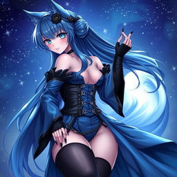 An enchanting gothic anime girl witch Kitsune, showcasing long, sexy blue hair cascading to her lower back, styled partially in a bun