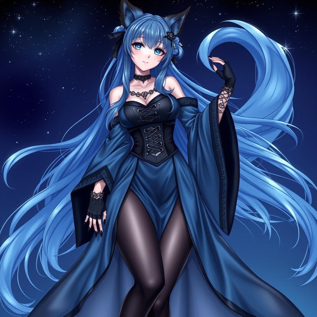 An enchanting gothic anime girl witch Kitsune, showcasing long, sexy blue hair cascading to her lower back, styled partially in a bun