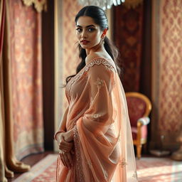 A stunning model wearing a beautifully draped saree that elegantly showcases contours of her body, while also incorporating an artistic flair