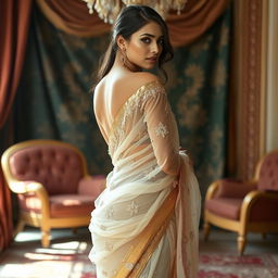 A stunning model wearing a beautifully draped saree that elegantly showcases contours of her body, while also incorporating an artistic flair