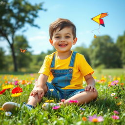 A portrait of a young boy sitting on a grassy field, surrounded by colorful flowers, with a bright blue sky in the background