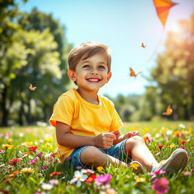 A portrait of a young boy sitting on a grassy field, surrounded by colorful flowers, with a bright blue sky in the background