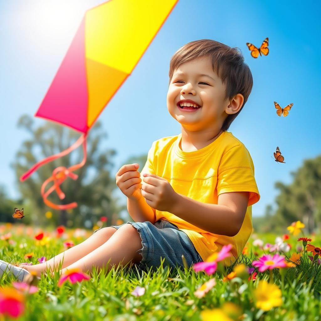 A portrait of a young boy sitting on a grassy field, surrounded by colorful flowers, with a bright blue sky in the background
