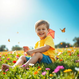 A portrait of a young boy sitting on a grassy field, surrounded by colorful flowers, with a bright blue sky in the background