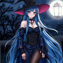 A stunning gothic anime girl witch Kitsune, featuring long, sexy blue hair that reaches her lower back, adorned with a stylish witch's hat