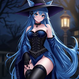 A stunning gothic anime girl witch Kitsune, featuring long, sexy blue hair that reaches her lower back, adorned with a stylish witch's hat