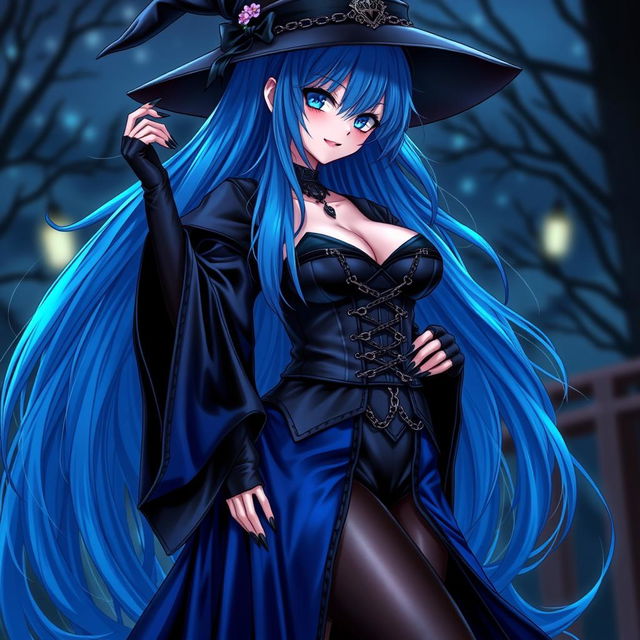 A stunning gothic anime girl witch Kitsune, featuring long, sexy blue hair that reaches her lower back, adorned with a stylish witch's hat