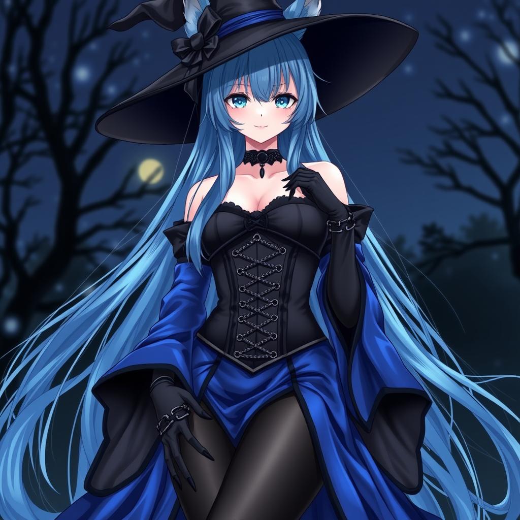 A stunning gothic anime girl witch Kitsune, featuring long, sexy blue hair that reaches her lower back, adorned with a stylish witch's hat