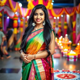 A stunning young woman in a traditional Indian outfit, elegantly draped in a colorful saree