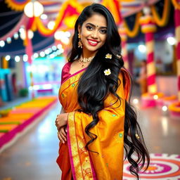 A stunning young woman in a traditional Indian outfit, elegantly draped in a colorful saree