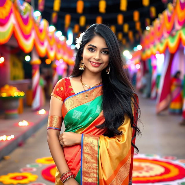 A stunning young woman in a traditional Indian outfit, elegantly draped in a colorful saree