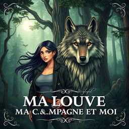 A captivating book cover design for *MA LOUVE MA COMPAGNE ET MOI*, featuring a stunning illustration of a powerful wolf beside a confident young woman in a lush, enchanting forest