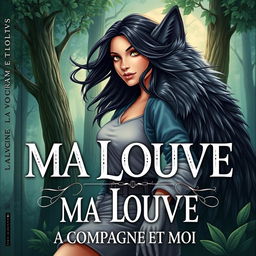 A captivating book cover design for *MA LOUVE MA COMPAGNE ET MOI*, featuring a stunning illustration of a powerful wolf beside a confident young woman in a lush, enchanting forest