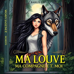 A captivating book cover design for *MA LOUVE MA COMPAGNE ET MOI*, featuring a stunning illustration of a powerful wolf beside a confident young woman in a lush, enchanting forest