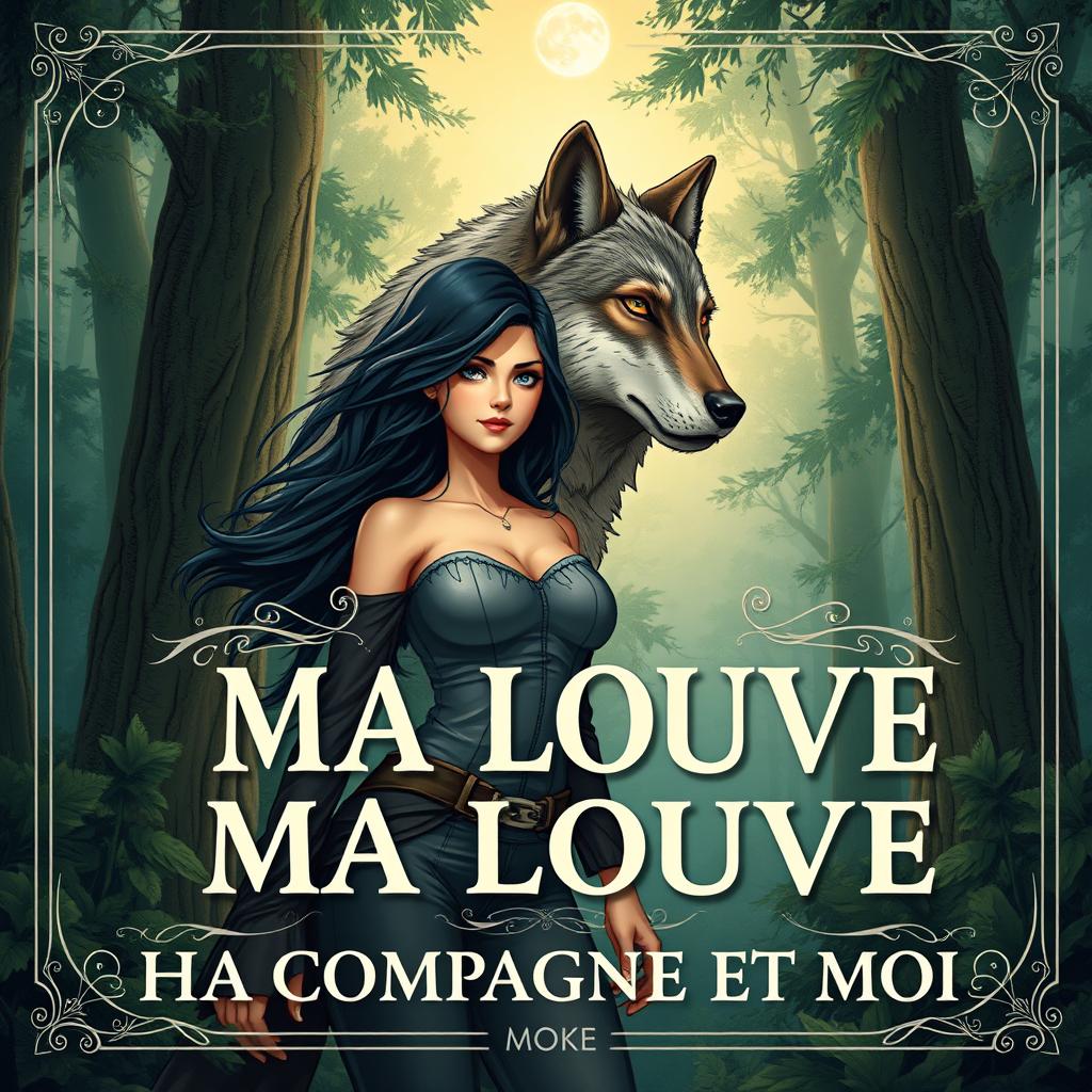 A captivating book cover design for *MA LOUVE MA COMPAGNE ET MOI*, featuring a stunning illustration of a powerful wolf beside a confident young woman in a lush, enchanting forest