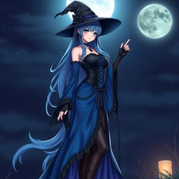 A mesmerizing gothic anime girl witch Kitsune standing in a night scene, featuring long, sexy blue hair that cascades to her lower back, complemented by a stylish witch's hat