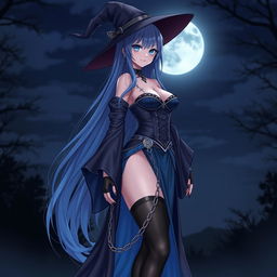 A mesmerizing gothic anime girl witch Kitsune standing in a night scene, featuring long, sexy blue hair that cascades to her lower back, complemented by a stylish witch's hat