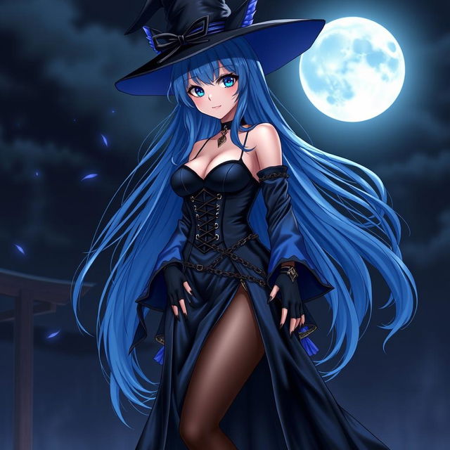 A mesmerizing gothic anime girl witch Kitsune standing in a night scene, featuring long, sexy blue hair that cascades to her lower back, complemented by a stylish witch's hat