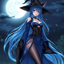 A mesmerizing gothic anime girl witch Kitsune standing in a night scene, featuring long, sexy blue hair that cascades to her lower back, complemented by a stylish witch's hat