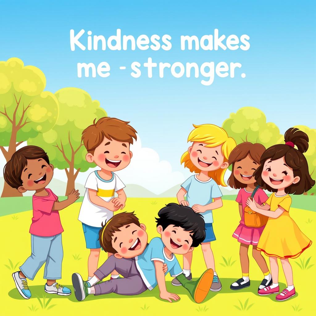 A vibrant illustration of a diverse group of children, smiling and helping each other in a sunny park setting